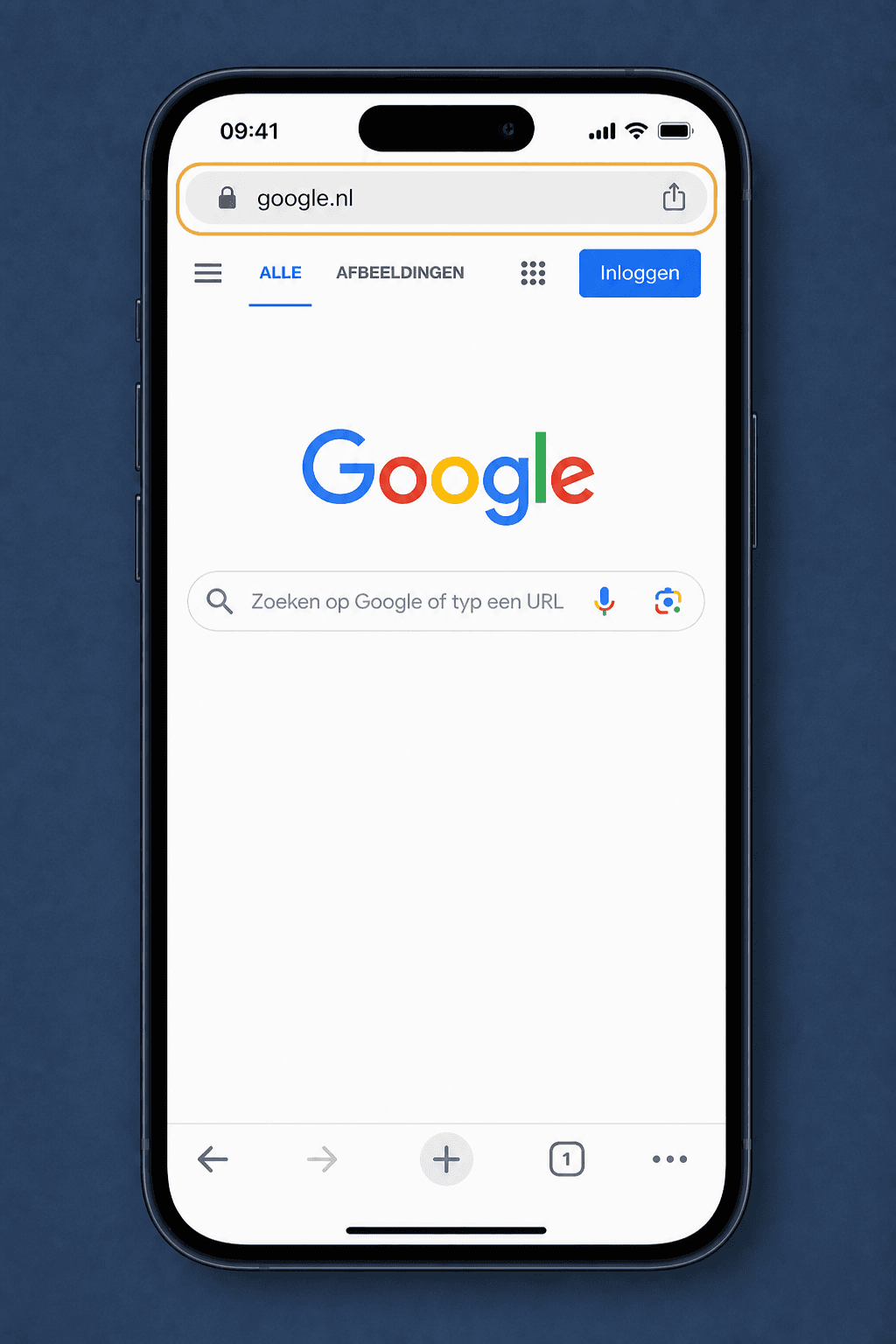 Browser met Google-startpagina en markering bij de adresbalk
