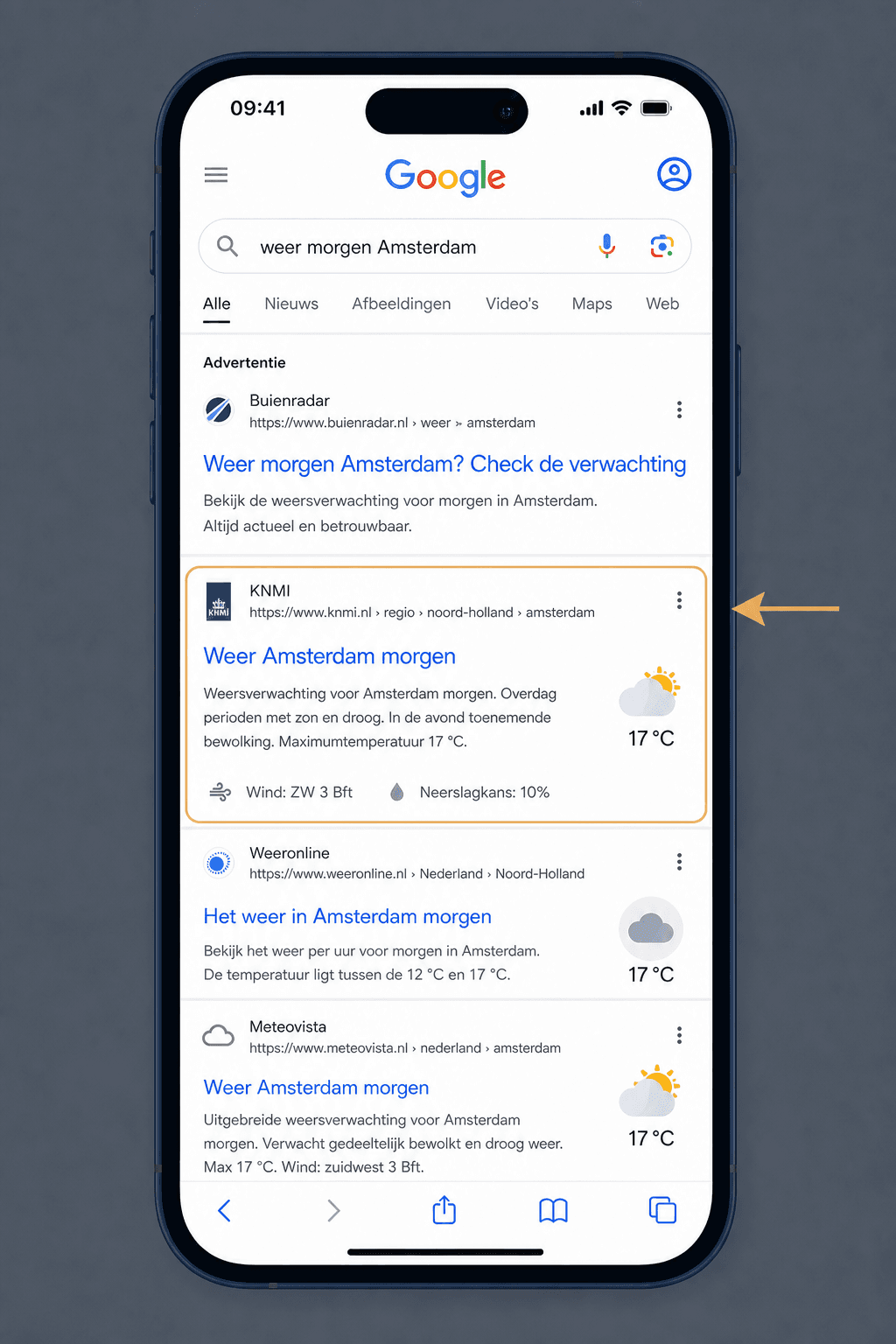 Google-zoekresultaten met markering bij het eerste resultaat