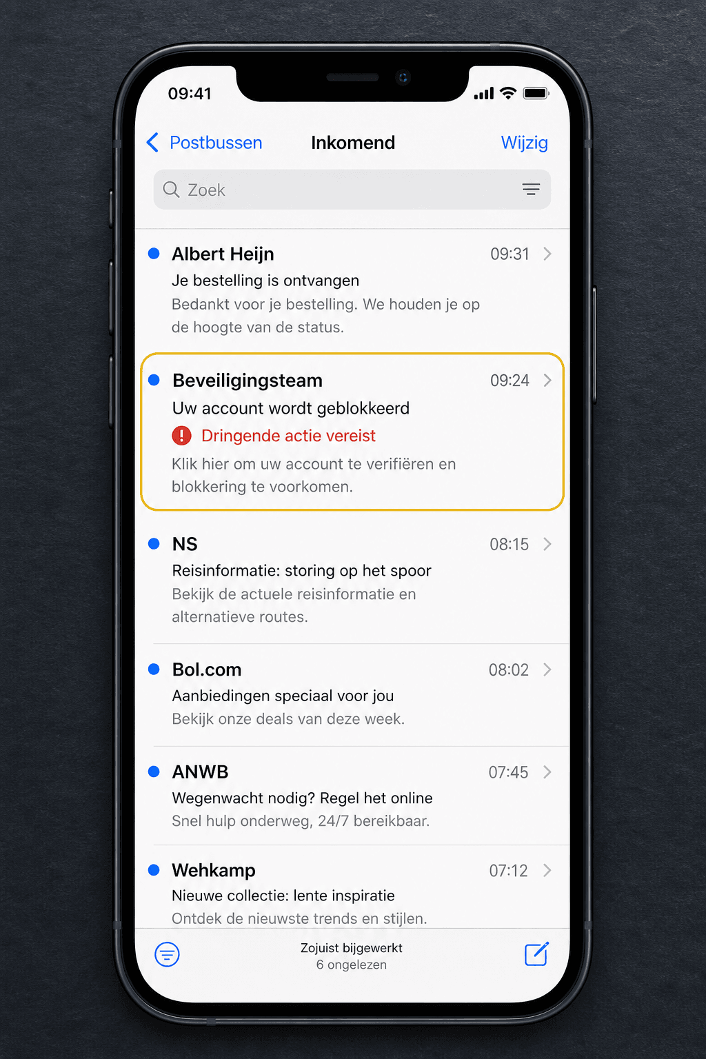 Postvak met gemarkeerde verdachte e-mail over geblokkeerd account