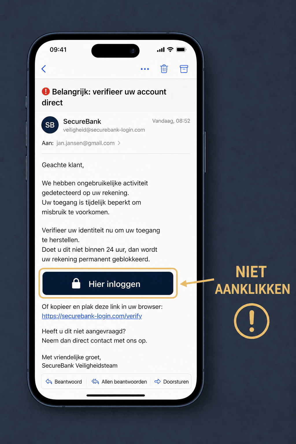 Nepmail met gouden markering en pijl bij een verdachte link
