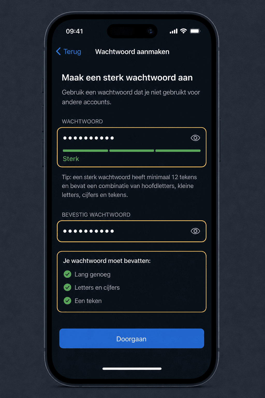 Wachtwoordscherm met markering bij een sterk wachtwoord