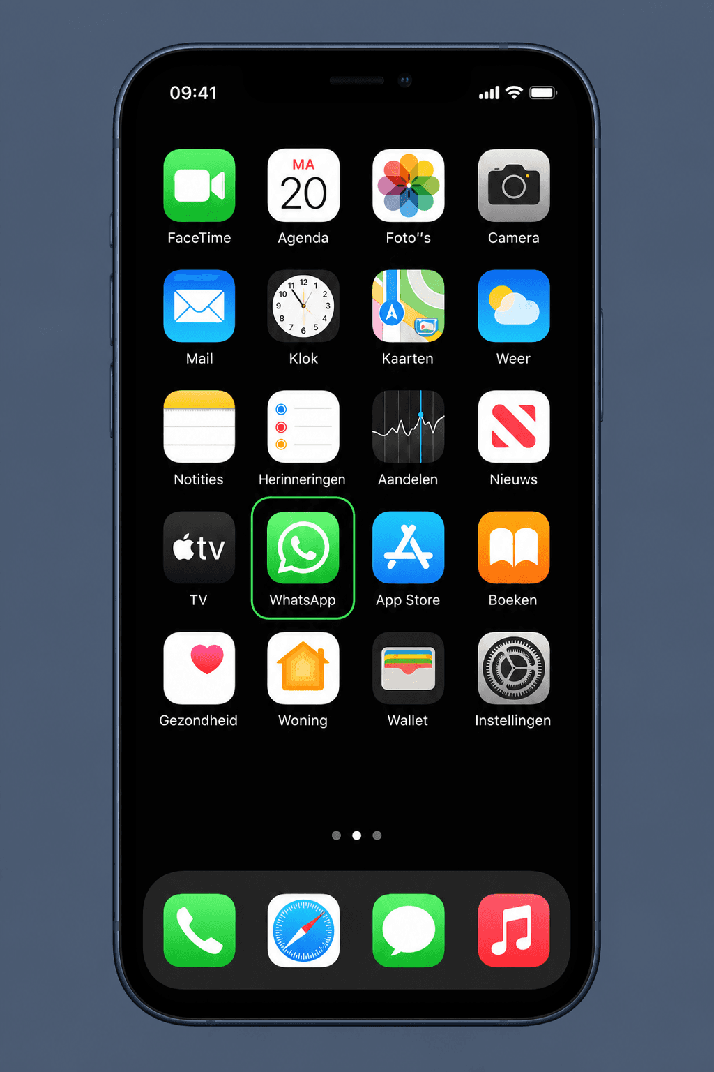 Telefoon beginscherm met groene markering om het WhatsApp-icoon