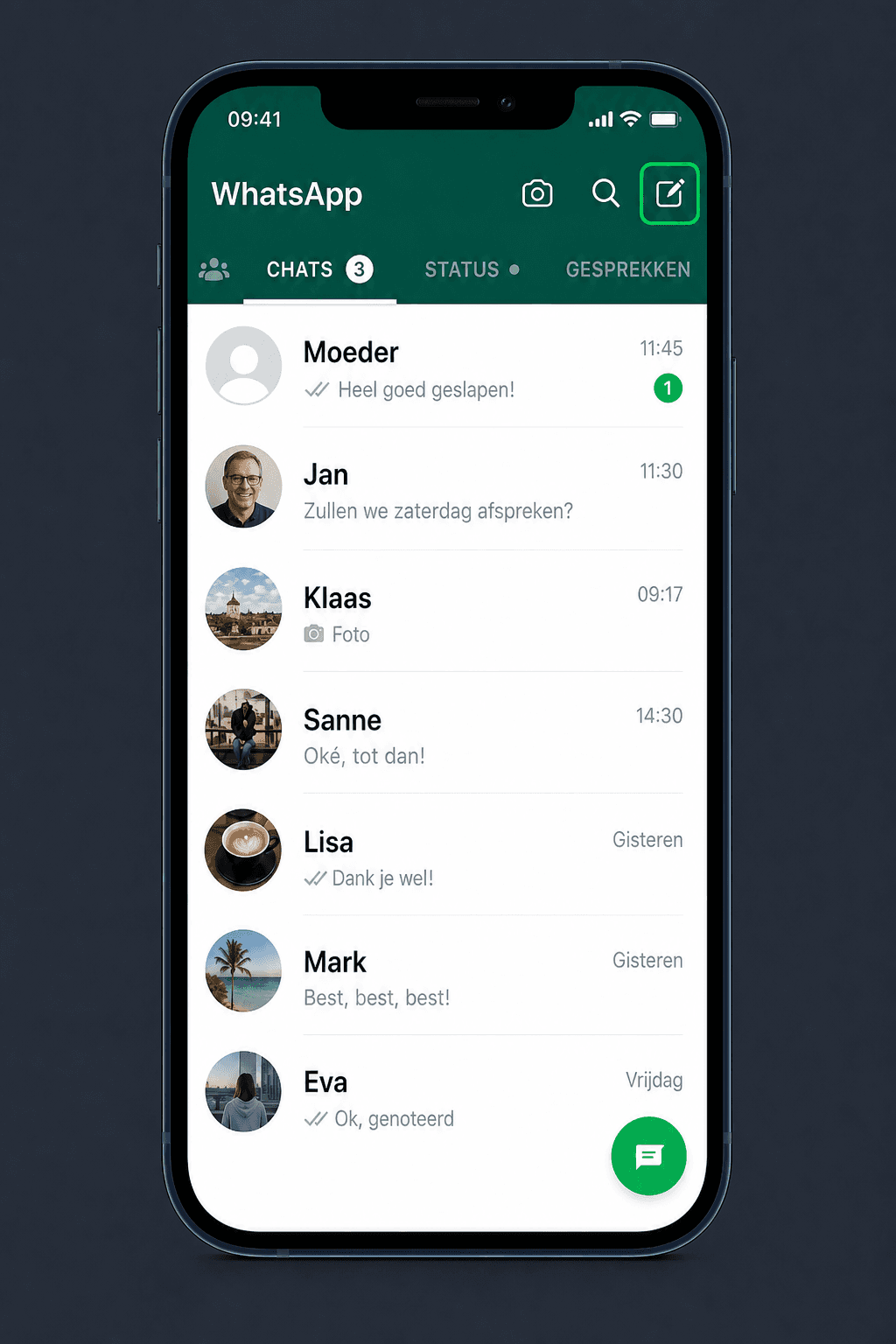 WhatsApp-chats met groene markering om de knop voor een nieuw gesprek