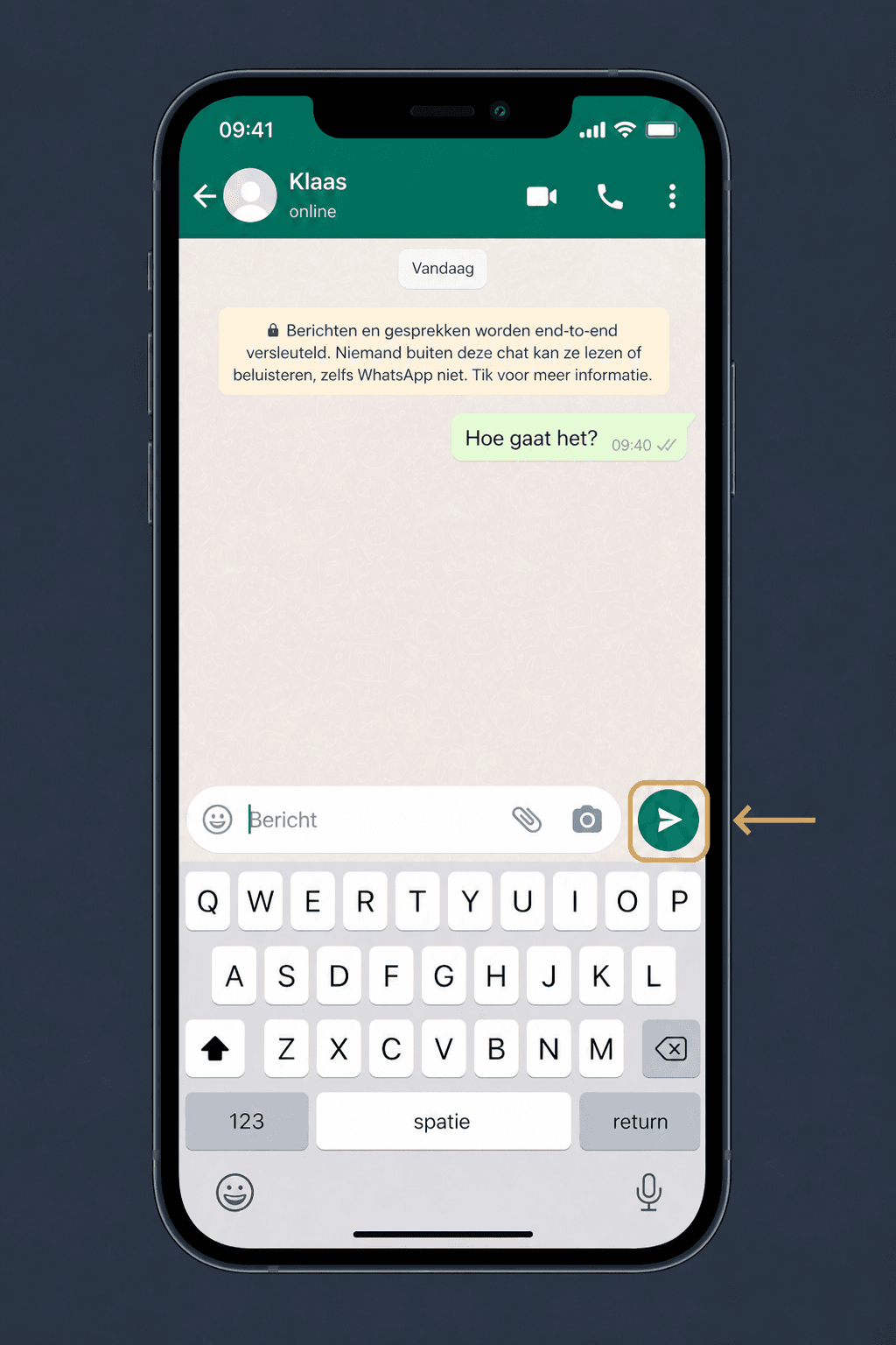 WhatsApp-chat met gouden markering en pijl bij de verstuurknop