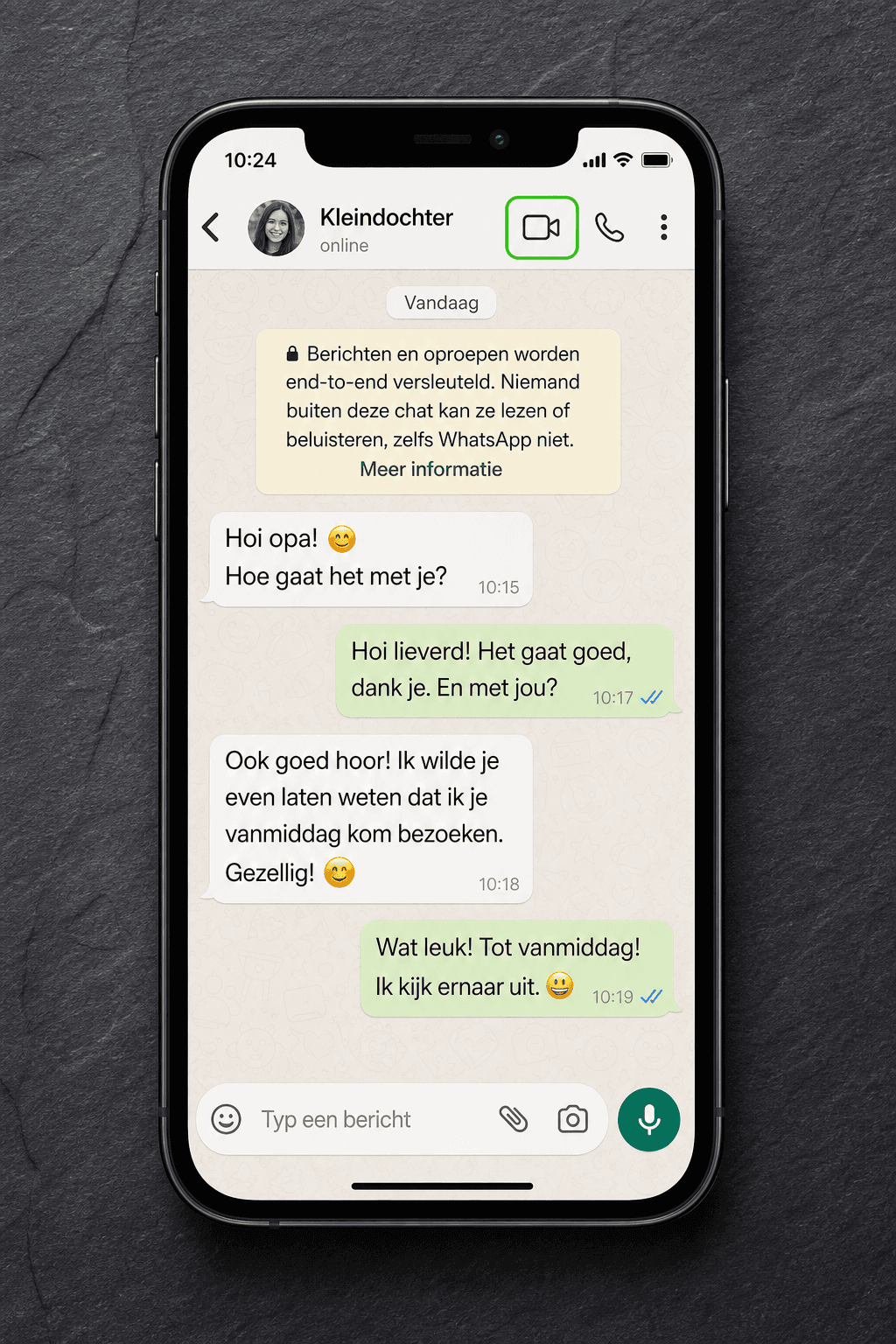 WhatsApp-chat met groene markering om het videocamera-icoon