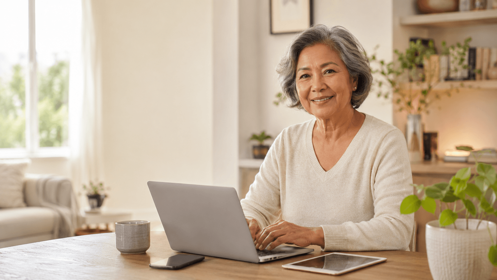 Senior die rustig aan een laptop werkt — digitale hulp voor senioren